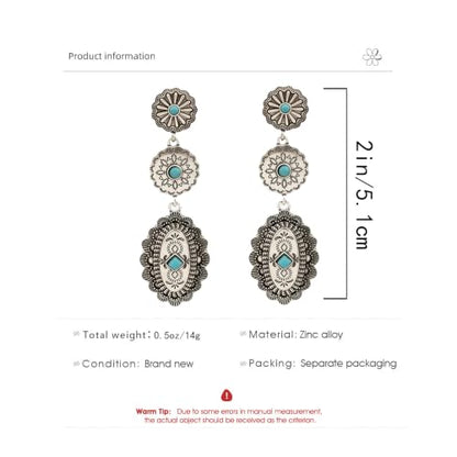 Boho Western Earrings for Women Western Feather Earrings Vintage Concho Turquoise Teardrop Dangle Earrings Country Concert Jewelry Accessories - style: Silver Turquoise Dangle