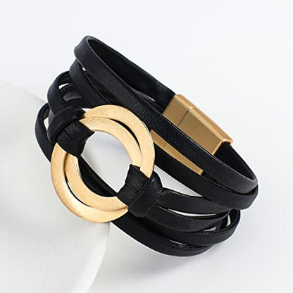 hotoo Circle Charm Bracelets for Women Handmade Leather Wrap Bracelets for Couples Friendship Bracelet Bohemian Cuff Bangle Boho Jewelry Gift - color: Black