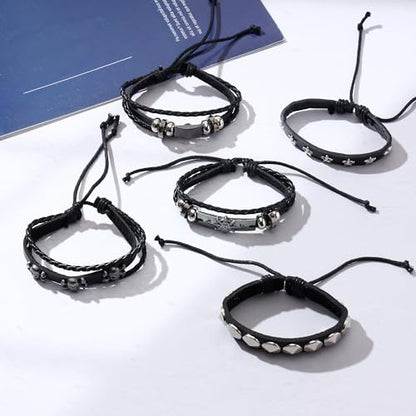Braided Faux Leather Bracelet Punk Cuff Wrap Bracelets for Men Women Skull,Star,Bull bracelets - color: A3:5PCS