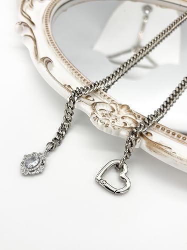Women's Heart O-Ring Slip Chain Necklace, Double Layered Adjustable 39'' Cuban Chain with Detachable Heart Clasp and Colorful Rhinestone Pendant - color: 25'' Silver-Crystal White