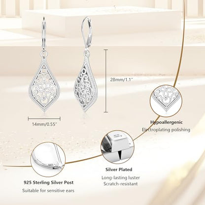 BOUTIQUELOVIN Filigree Dangle Earrings for Women Drop Earings | 14K Gold Plated Geometric Dangling Leverback Earrings Silver Hypoallergenic Dangly Earings Lightweight Daily Jewelry Gifts - color: C-Silver