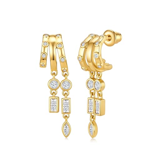 Cicy Bell Gold Earrings For Women 18k Gold Plated Triple Dangle Earrings | Hypoallergenic Drop Huggie Earrings Small Hoop Statement Chain Tassel Earrings Trendy Jewelry Gifts - color: Style F-Gold