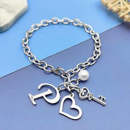 Initial A-Z Bracelets Gift for Women Girls Stainless Steel Chain Bracelet 26 Alphabet Jewelry Gifts for Birthday Anniversary Letter Bracelet Monogram Gifts for Sister Friend Girlfriends Mom 8.26 Inch - color: P