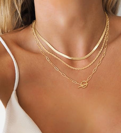 CHESKY 14K Gold Plated Layered Chain Necklace for Women | Trendy Cuban Link Chain, Chunky Paperclip Chain, Toggle Clasp Necklace, Fashion Gold Jewelry, Daily Gift for Women - style: chain1-gd