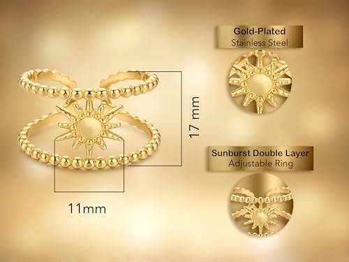 AeraVida Gold Plated Sunburst Ring Adjustable 7-9 (Adjustable), Stainless Steel Double Layer Ring, Celestial Sun Jewelry, Open Band Fashion Ring