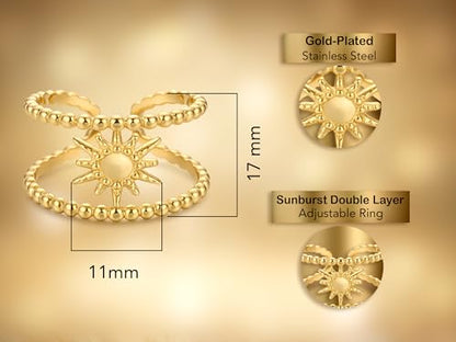AeraVida Gold Plated Sunburst Ring Adjustable 7-9 (Adjustable), Stainless Steel Double Layer Ring, Celestial Sun Jewelry, Open Band Fashion Ring