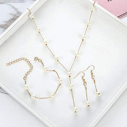 Bridal Necklace Earring and Bracelet Set Faux Pearl Jewelry Set for Women Wedding Bridal Jewelry (Gold)