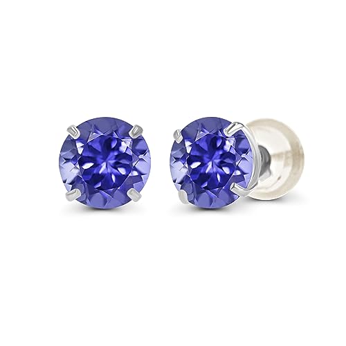 Solid 14K Yellow, White or Rose Gold 4mm Round Genuine Gemstone Birthstone Prong Set Stud Earrings For Women - color: Tanzanite
