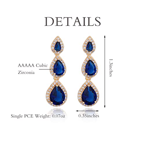Women's Cubic Zirconia Bridal Earrings - Elegant Long Wedding Party Prom Earring for Bride Bridesmaids Crystal CZ Rhinestone Chandelier Statement Dangle Drop Earrings for Women - color: Blue