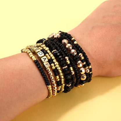 ZOLEAROPY Game Day Bracelets Stack Football Bracelets for Women Men Stackable Game day Bracelet Accessories Football Mom Outfit Jewelry Gifts - color: black gold