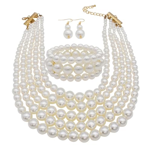 Faux Big Pearl Srand Necklaces for Women 5 Layers Pearls Choker Bib Collar Necklace Bracelet and Earrings set 1920s Costume Pearl Jewelry Bridal Wedding - color: white