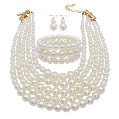 Faux Big Pearl Srand Necklaces for Women 5 Layers Pearls Choker Bib Collar Necklace Bracelet and Earrings set 1920s Costume Pearl Jewelry Bridal Wedding - color: white