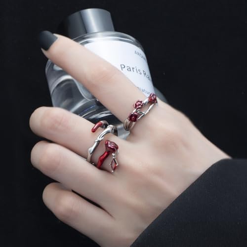 Copper Alloy White Gold Plated Red Rose Shaped Resin Art Gem Ring Set Open Adjustable Stackable Romantic Unique Design Multi-Finger Rings for Women with Premium Gift Box - color: A+B Set