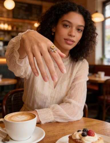 Anxiety Rings for Women – Adjustable Flower Spinner Ring, Daisy & Sunflower Fidget Ring, Gold Plated Calming Jewelry - style: Style 04