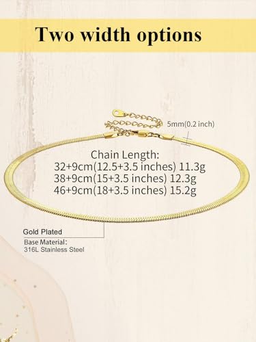 ChainsHouse Flat Snake Chain Herringbone Choker Necklace for Women, Stainless Steel/Rose Gold/18K Gold Plated Dainty Adjustable Simple Short Layered Necklaces, 12"/15"/18" with 3.5" Extender - color: a. 14k gold plated-5mm