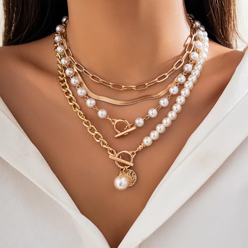 Chunky Gold Layered Big Pearl Necklaces Set Bulk for Women Trendy | Luxury Stack Half Chain Half Pearl Beads Statement Necklace OT Buckle Paperclip Choker Vintage Coin Pendant Necklaces Jewelry