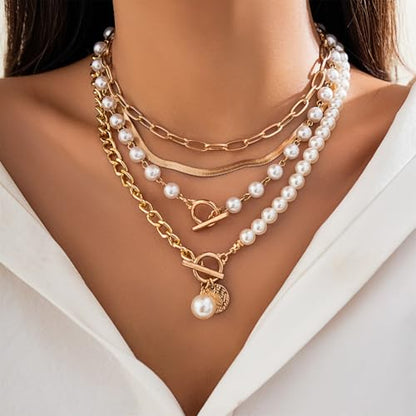 Chunky Gold Layered Big Pearl Necklaces Set Bulk for Women Trendy | Luxury Stack Half Chain Half Pearl Beads Statement Necklace OT Buckle Paperclip Choker Vintage Coin Pendant Necklaces Jewelry