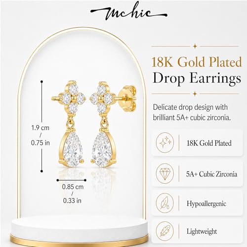 Mchic Dangle Earrings for Women: 18K Gold Plated CZ Drop Earrings Dainty Trendy Hypoallergenic Teardrop Bridal Wedding Style, Sparkly Elegant Dangling Jewelry Gift for Women Bridesmaid Prom Formal - color: Style 3-Gold