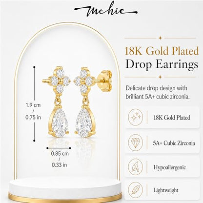 Mchic Dangle Earrings for Women: 18K Gold Plated CZ Drop Earrings Dainty Trendy Hypoallergenic Teardrop Bridal Wedding Style, Sparkly Elegant Dangling Jewelry Gift for Women Bridesmaid Prom Formal - color: Style 3-Gold