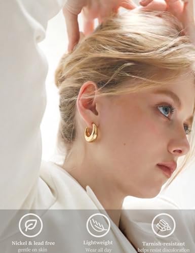 6 Pairs Gold Hoop Earrings Set for Women, 14K Gold Plated Lightweight Chunky Twisted Huggie Hoops, Hypoallergenic Small Thick Hoop Multipack Jewelry Gift - color: Hammered Gold