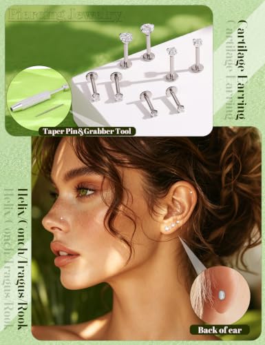 4Pairs 16G 18G G23 Titanium Flat Back Stud Earrings for Women Extended Internal Thread Cartilage Earrings Hypoallergenic Conch Helix Tragus Stud Lip Labret Medusa Nose Piercing Jewelry - color: Silver, size: 18G(1.0mm)