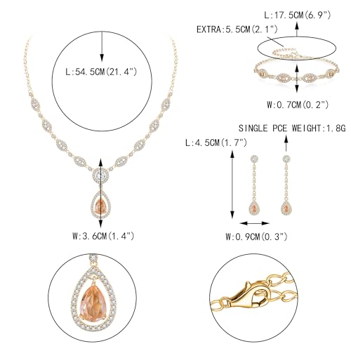 EVER FAITH Bridal Jewelry Set for Women, Stunning Teardrop Cubic Zirconia Birthstone Necklace Bracelet Earrings Sets Gift for Mothers Day/Valentines/Birthday/Christmas - color: Champagne