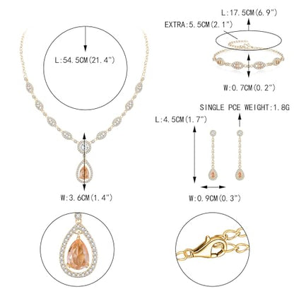 EVER FAITH Bridal Jewelry Set for Women, Stunning Teardrop Cubic Zirconia Birthstone Necklace Bracelet Earrings Sets Gift for Mothers Day/Valentines/Birthday/Christmas - color: Champagne