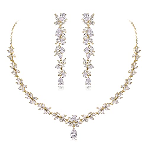 Crysdue Women's Wedding Bridal Jewelry Set for Brides Bridesmaids Cubic Zirconia Flower Leaf Vine Necklace Dangle Earrings for Prom Party - style: 14-gold