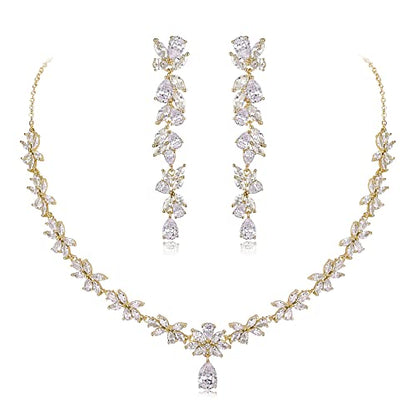 Crysdue Women's Wedding Bridal Jewelry Set for Brides Bridesmaids Cubic Zirconia Flower Leaf Vine Necklace Dangle Earrings for Prom Party - style: 14-gold