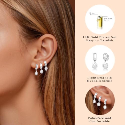 3Pcs Dangle Earrings for Women 14K Gold/Silver small Drop Earring Huggie Hoop Hypoallergenic Cubic Zirconia Cute Charm Non Tarnish Teardrop Trendy Jewelry Gifts for Women - color: Silver