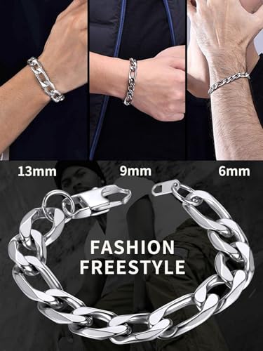 ChainsHouse Figaro Link Chain Bracelet for Men Stainless Steel Jewelry | Black/ Gold Bracelets Men, 6/9/13mm Figaro Cuabn Bracelets 7.5"/8.3", Chunky Hip Hop Wrist Hand Chain Bracelet for Gift - color: f: 13mm-stainless