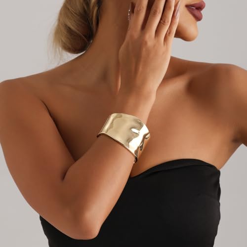 Gold Bangle Bracelet for Women | 14K Gold Plated Chunky Bracelet | Hinged Open Trendy Wide Bracelet for Women - color: gold1