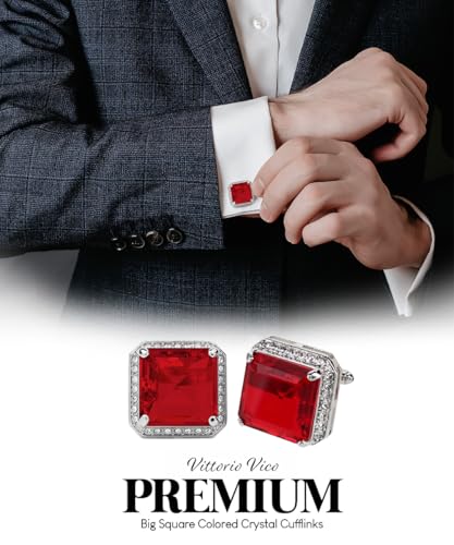 Large Big Square Crystal Color Stone Cuff Links for Men – Tuxedo Suit Accessories, Cufflinks for Men - style: Red/Silver
