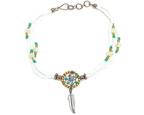 Mia Jewel Shop Dream Catcher Feather Charm Dangle Seed Beaded Multi Strand Anklet - Womens Southwest Fashion Handmade Jewelry Boho Accessories - color: White/Mint/Gold