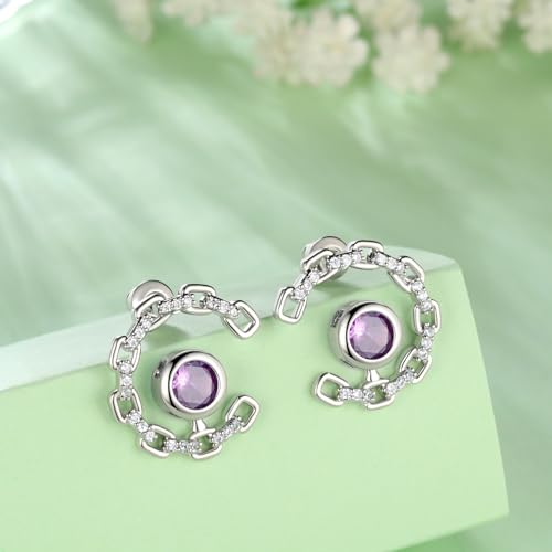 Elegant C-Shaped Crystal Stud Earrings with Birthstone Earring Silver Plated Fashion Jewelry for Women CE0003 - color: Purple-February