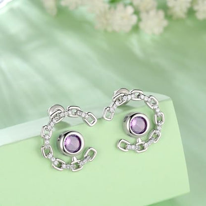 Elegant C-Shaped Crystal Stud Earrings with Birthstone Earring Silver Plated Fashion Jewelry for Women CE0003 - color: Purple-February
