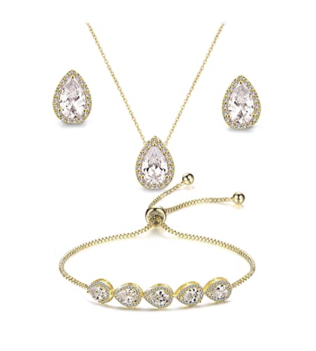 Teardrop Cubic Zirconia Jewelry Set for Women Wedding Prom Bridesmaid Gift | Sparkle Necklace Earrings Bracelet, Bride Formal Party Jewelry - color: Gold