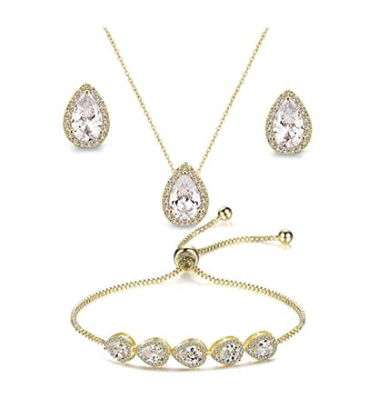 Teardrop Cubic Zirconia Jewelry Set for Women Wedding Prom Bridesmaid Gift | Sparkle Necklace Earrings Bracelet, Bride Formal Party Jewelry - color: Gold