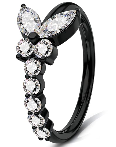 Melighting 20G Butterfly Nose Ring Hoop 8 mm Open Seamless Nose Piercing Jewelry Surgical Steel 316L, Twist Nostril Ring with Marquise and Round CZ, Silver Flower Body Piercing for Women - style: Butterfly Black