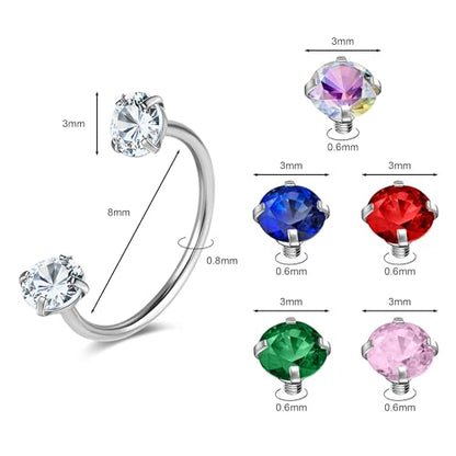G23 Titanium 20G Horseshoe Nose Rings | Horse Shoe Nose Ring Hoops, Surgical Steel Half Cartilage Tragus Earring Hoop, Internally Threaded, Double Cubic Zirconia - style: 1PCS 8MM-Silver Ring, 5Pairs Top
