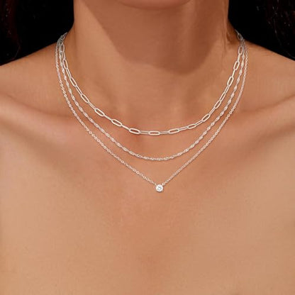 CHESKY Layered Silver Necklace for Women Trendy,Dainty Silver Plated Stackable Charm Necklace Layering Paperclip Tennis Rope Chain CZ Pendant Jewelry Set Gifts - style: CZ-silver