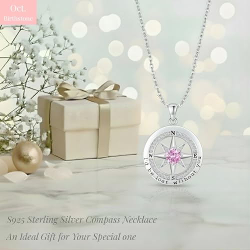 Compass Necklace for Women Wife Girlfriend Mom Daughter Gifts | S925 Silver Jewelry For Anniversary 18K Rose Gold Gifts For Birthday Christmas Mothers Valentines Day 12 Birthstones - style: 10-October-Silver