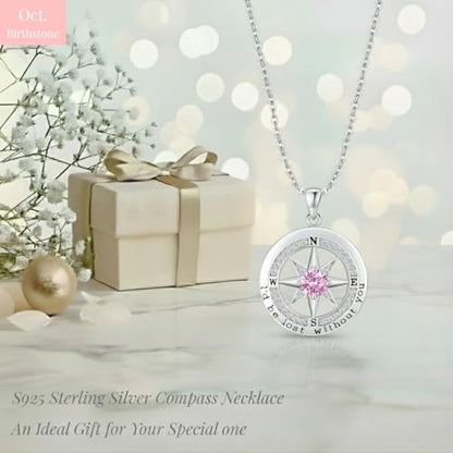 Compass Necklace for Women Wife Girlfriend Mom Daughter Gifts | S925 Silver Jewelry For Anniversary 18K Rose Gold Gifts For Birthday Christmas Mothers Valentines Day 12 Birthstones - style: 10-October-Silver