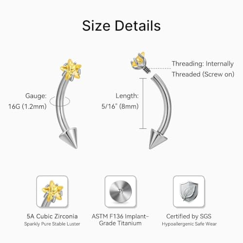1PC Titanium Rook Piercing Jewelry 16G 8mm, ASTM F136 Curved Barbells Eyebrow Rings, Internally Threaded Screw on - color: Yellow CZ Star-Tit