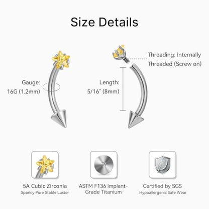 1PC Titanium Rook Piercing Jewelry 16G 8mm, ASTM F136 Curved Barbells Eyebrow Rings, Internally Threaded Screw on - color: Yellow CZ Star-Tit
