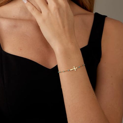 18K Gold Plated Pearl Beaded Cross Bracelets for Women Adjustable Stainless Steel Dainty Thin Gold Box Cuban Twisted Link Chain Bracelet Bridesmaid Jewelry Gifts - color: Green Cross-Gold