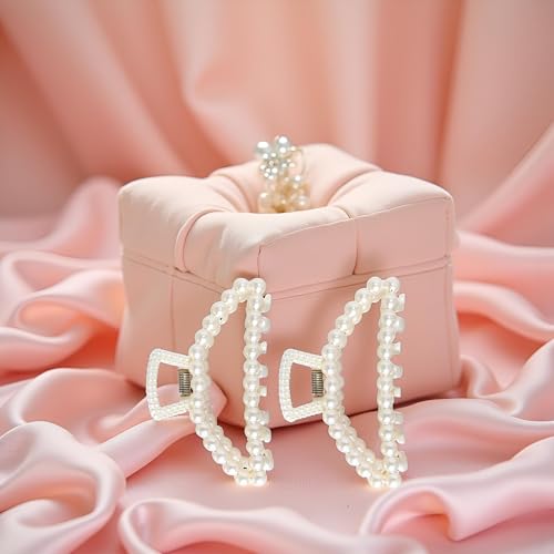 2Pcs White Large Pearl Hair Clip for Thick Hair,Girls Big Hair Claw Clips For Hair,Faux Pearl Claw Clips,Neutral Hair Clips Fashion Hair Accessories Headwear Styling Tools for Party Wedding