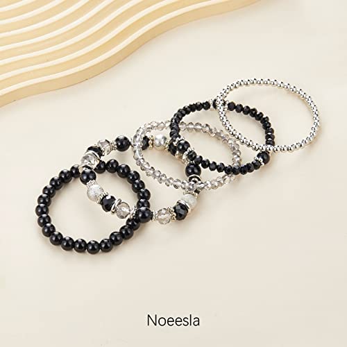 Noessla Beaded Pearl Stretch Bracelet Silver Stackable Crystal Beads Bracelets Trendy Costume Jewelry Mothers Day Gifts for Women - color: Black