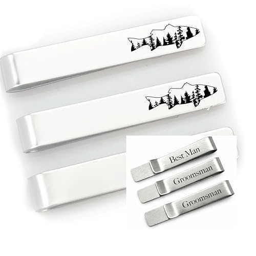 Wedding Party Tie Clip Set of 3 – Stainless Steel Silver Tie Bars for Men – Fishing, Hunting, Golfing, Cross, Suit Designs – Gifts for Groomsmen and Best