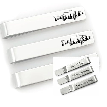 Wedding Party Tie Clip Set of 3 – Stainless Steel Silver Tie Bars for Men – Fishing, Hunting, Golfing, Cross, Suit Designs – Gifts for Groomsmen and Best